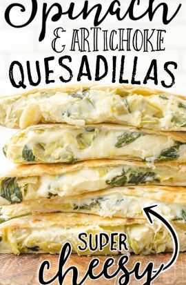 close up shot of spinach artichoke quesadillas on a wooden board