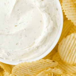 close up shot of chip dip in a dish surrounded by chips