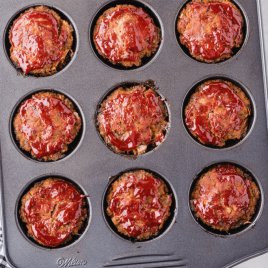 close up overhead shot of muffin pan meatloaf in a muffin pan