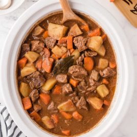 close up shot of beef stew in a crockpot