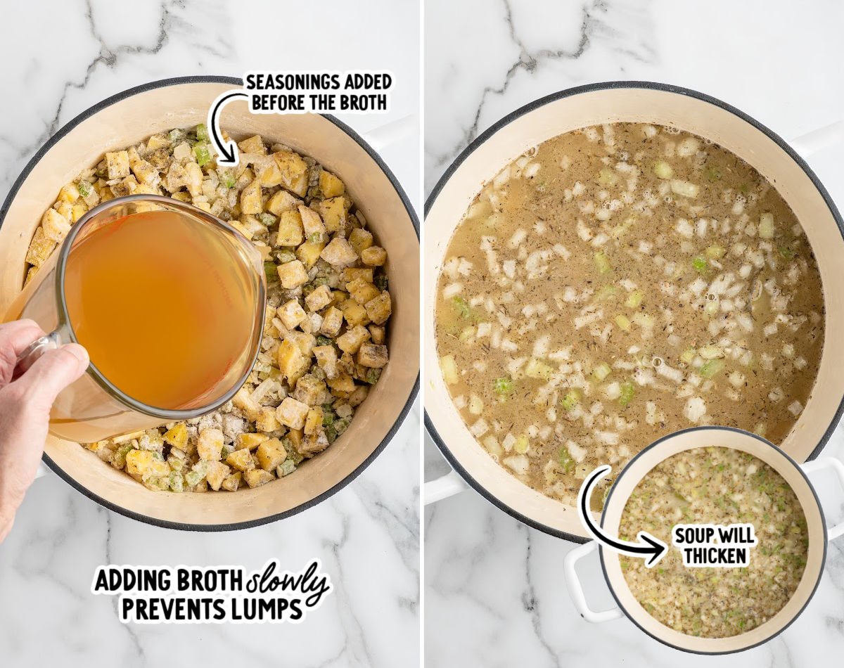 Chicken pot pie soup simmering in a Dutch oven until thick and creamy.