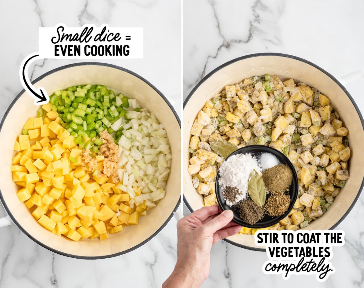 Diced potatoes, onion, celery, and garlic in a pot before cooking for chicken pot pie soup.