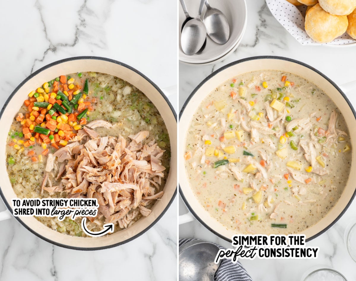 Shredded rotisserie chicken and frozen mixed vegetables added to a pot of thick chicken pot pie soup base.