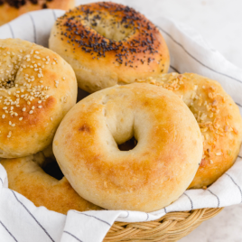 2 ingredient bagels stacked in a basket