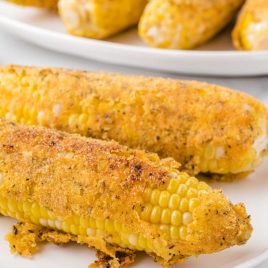 close up shot of fried corn on the cob on a white plate