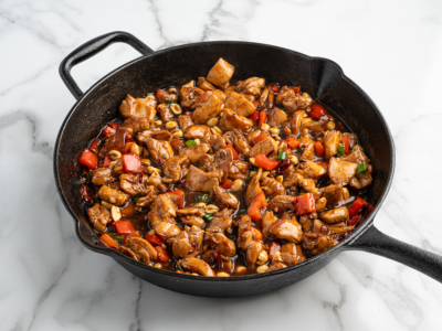 A cast iron skillet filled with cooked diced chicken, red bell peppers, peanuts, and green onions in a glossy brown sauce sits on a white marble surface—an irresistible look at the best kung pao chicken recipe.