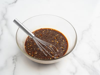 A glass bowl filled with a dark, speckled sauce or marinade, perfect for a homemade kung pao chicken recipe, sits beside a metal whisk on a white marble surface.
