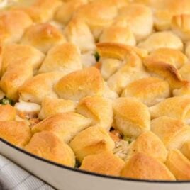 close up shot of a baking dish of skillet chicken pot pie