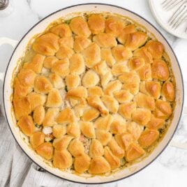 close up overhead shot of a baking dish of skillet chicken pot pie