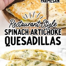 close up shot of spinach artichoke quesadillas stacked on a wooden board