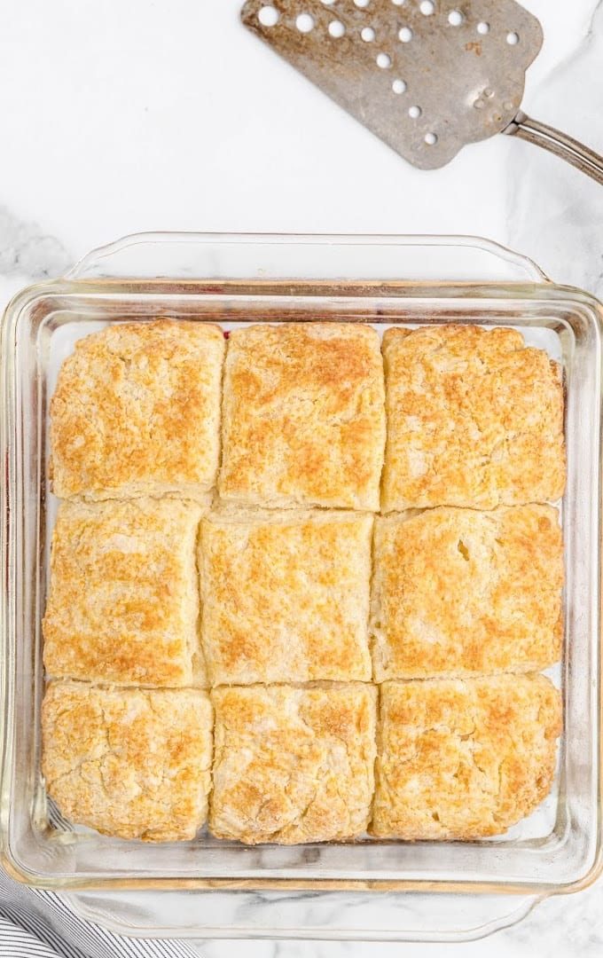 close up overhead shot of 7up biscuits in a pan