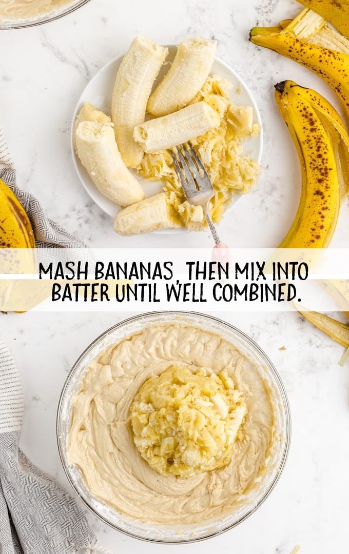 banana cake process shot of before and after bananas is mashed