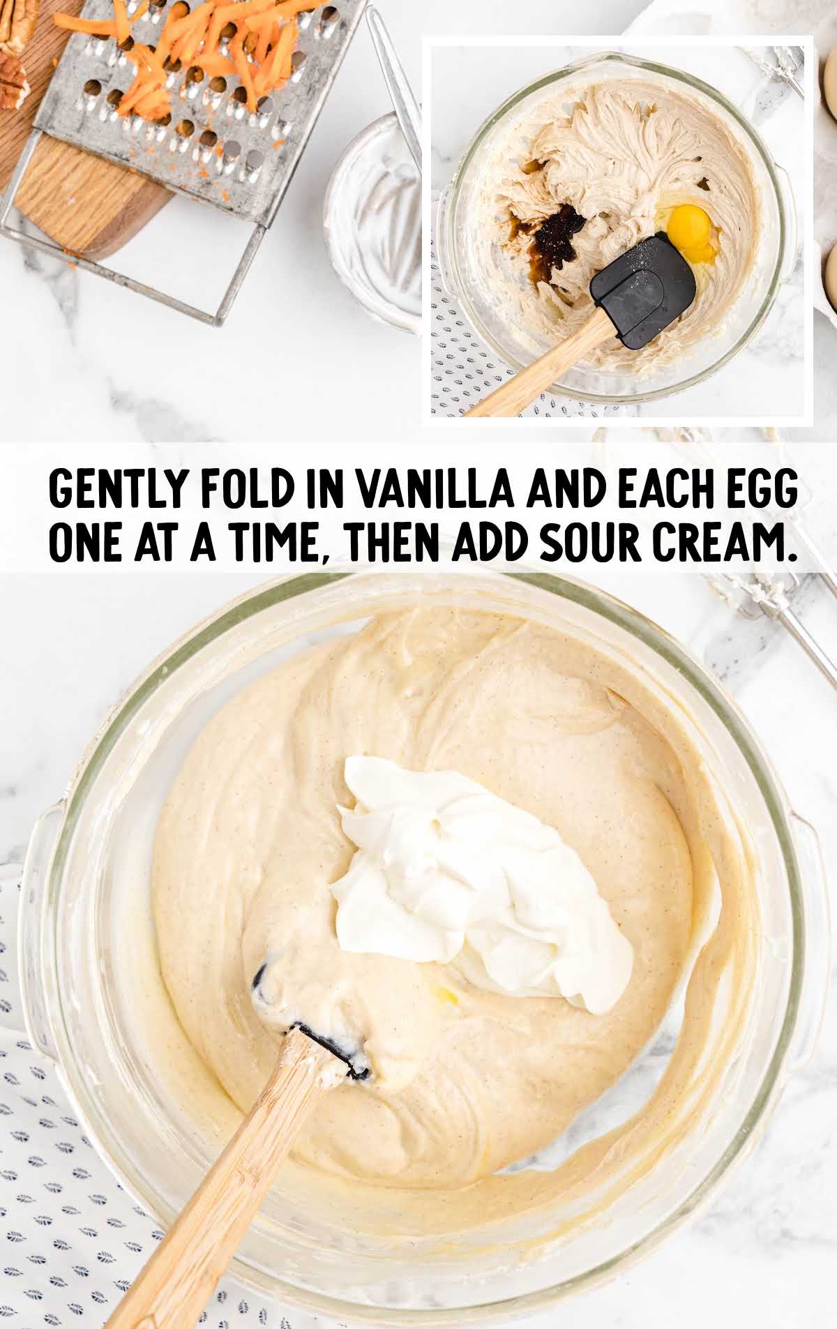 vanilla extract and eggs added to a bowl then sour cream added