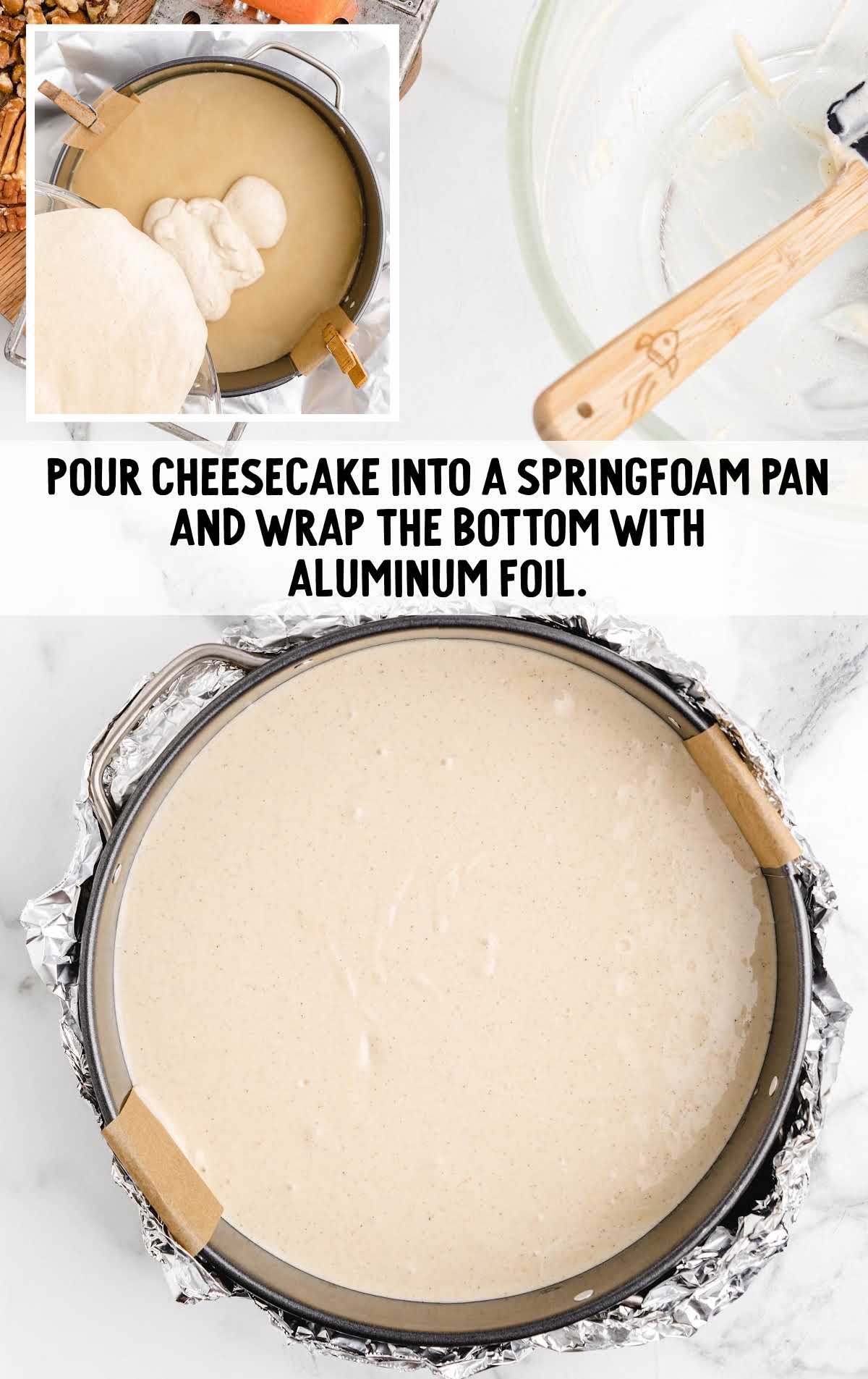 cheesecake being poured into a springform pan