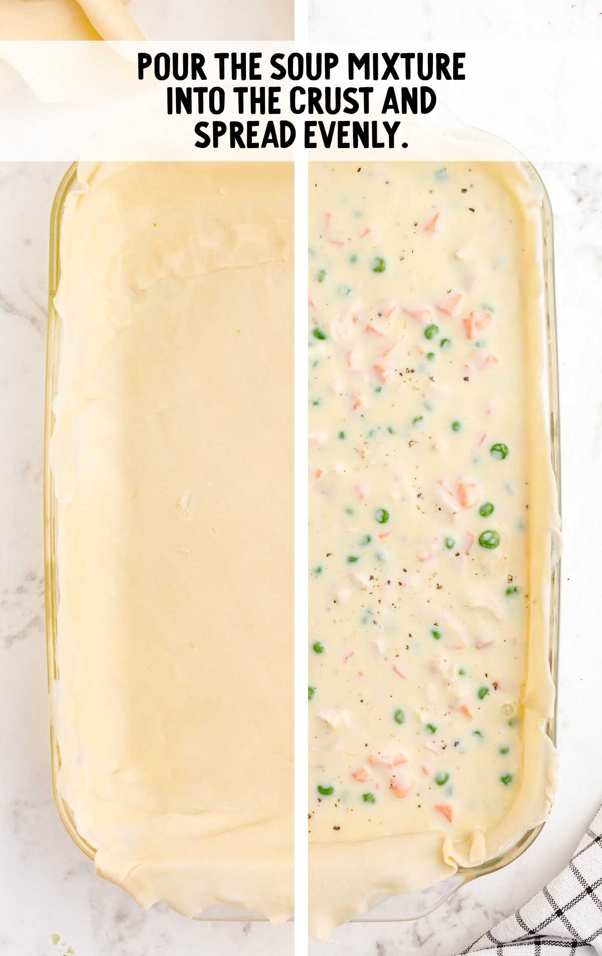 Pie crust filled with creamy chicken soup mixture with peas and carrots, spread evenly in a baking dish.