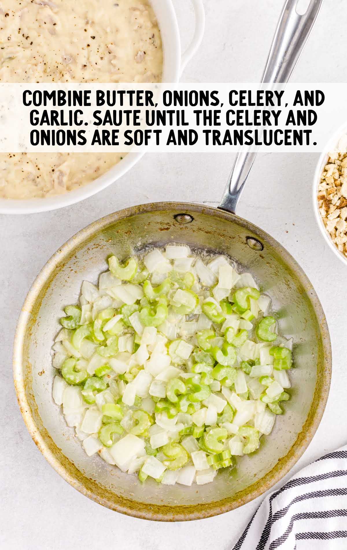 butter, onion, celery, and garlic combined in a pan