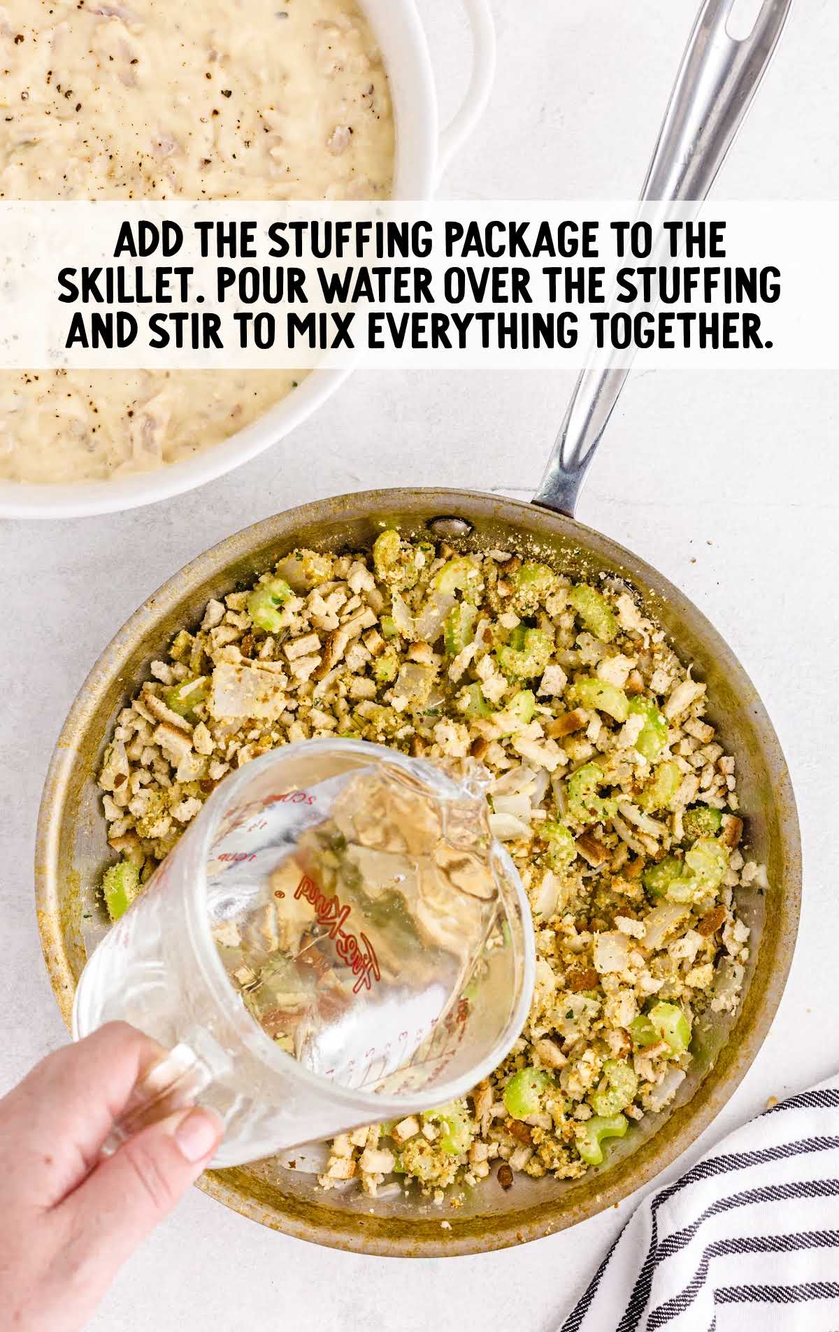 stuffing packaged and water added to the skillet