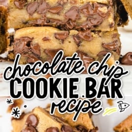 Stack of soft chocolate chip cookie bars with melted chocolate chips and golden brown edges