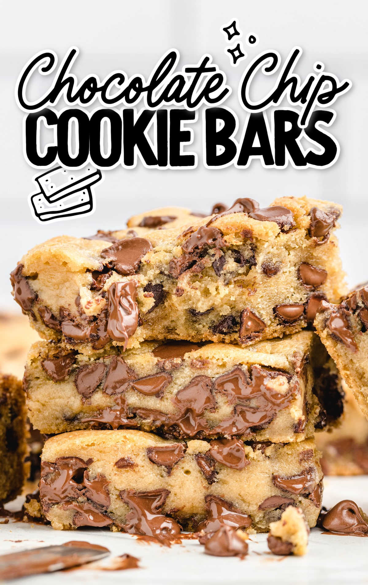 Vertical image of chocolate chip cookie bars stacked with text overlay that reads “Chocolate Chip Cookie Bars” on a white background.