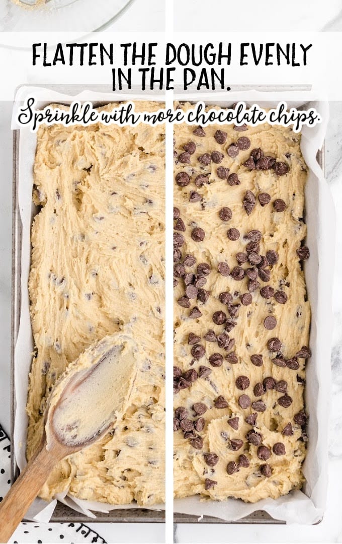 dough being spread on pan and topped with chocolate chips
