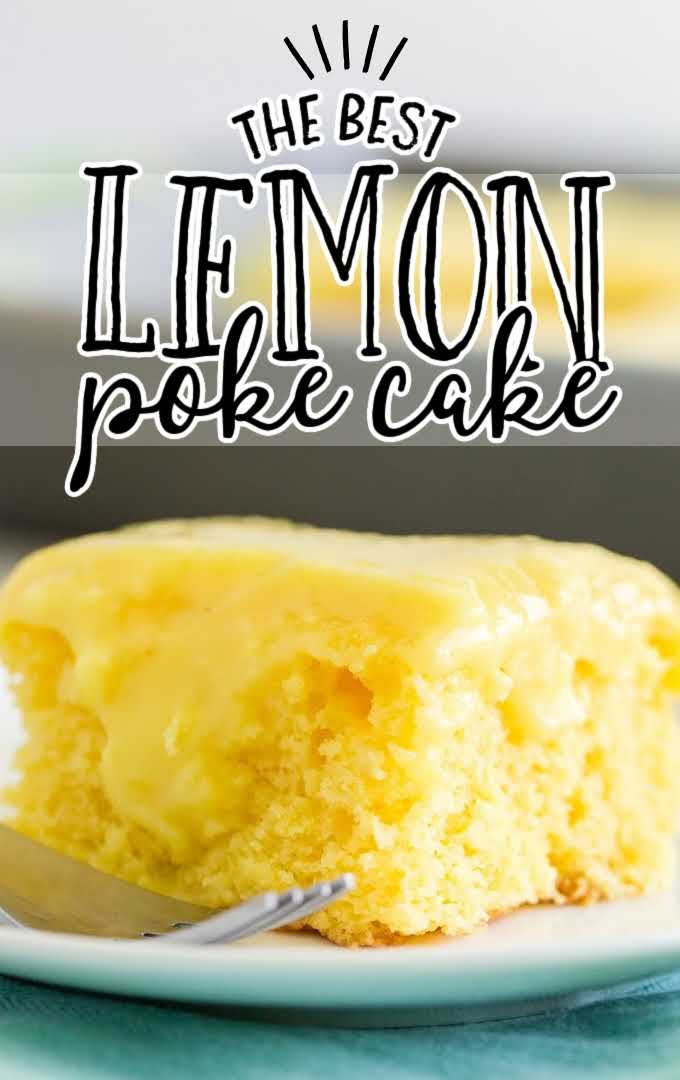 close up side shot of lemon poke cake on a white plate with a fork