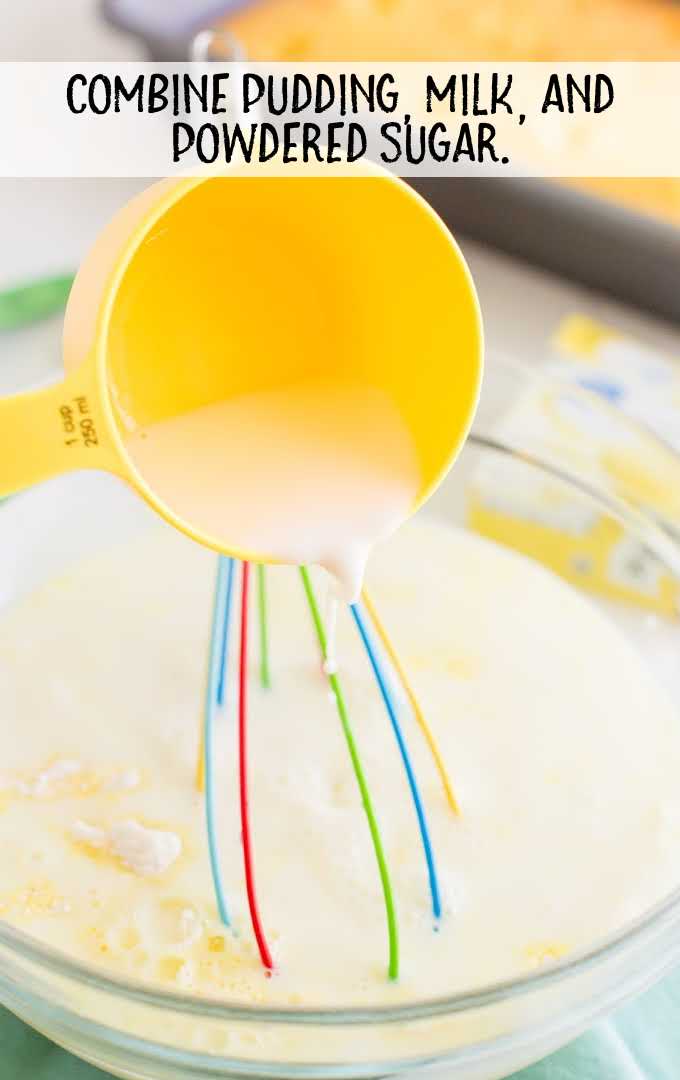 lemon poke cake process shot of ingredients being mixed together