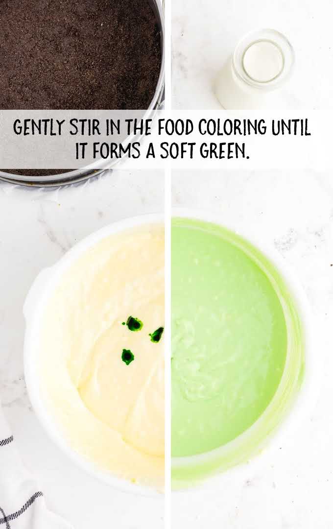 mint chocolate cheesecake process shot of before and after green food coloring mixed into a bowl