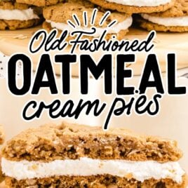 close up shot of oatmeal cream pies piled on top of each other on a wooden board and a close up shot of oatmeal cream pie split in half and stacked on top of each other