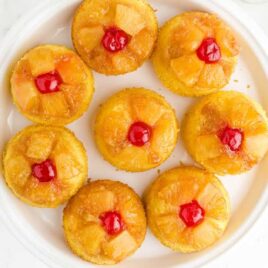 overhead shot of Pineapple Upside Down Mini Cakes on a plate