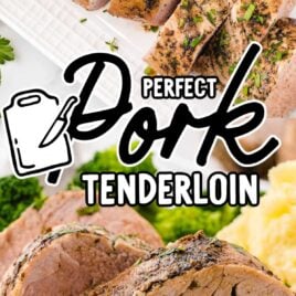 overhead shot of Pork Tenderloin sliced on a plate and close up shot of slices of Pork Tenderloin