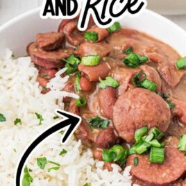 close up shot of a bowl of red beans and rice garnished with green onions and served with white rice