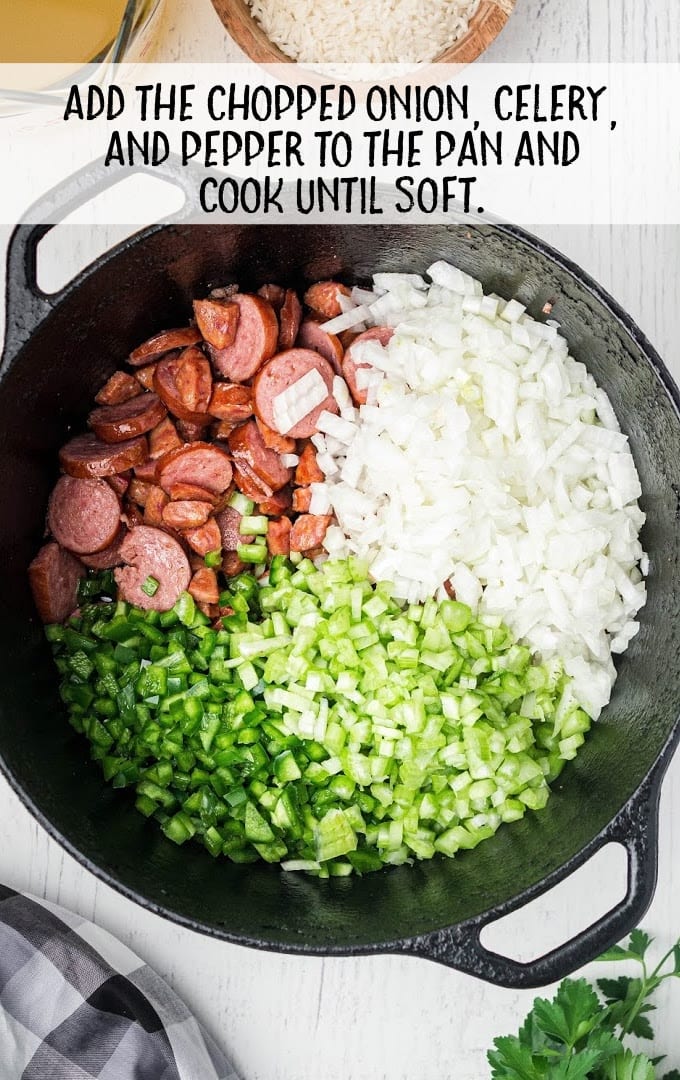 red beans and rice process shot of ingredients in a pan