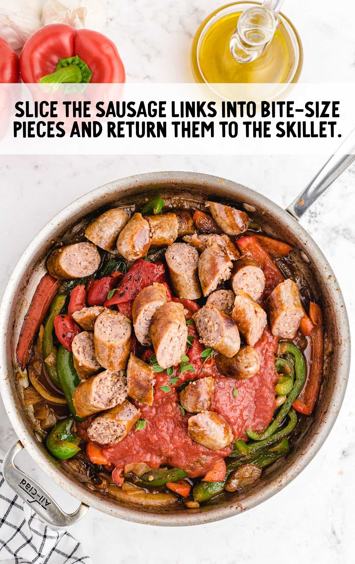 bite-sized pieces of sausage added to the skillet