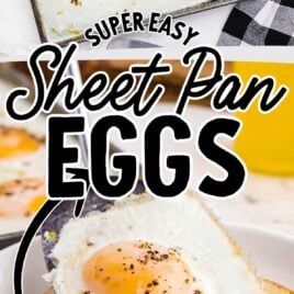 overhead shot of a sheet pan full of Sheet Pan Eggs and close up shot of a Sheet Pan Eggs being placed on a slice of bread on a plate