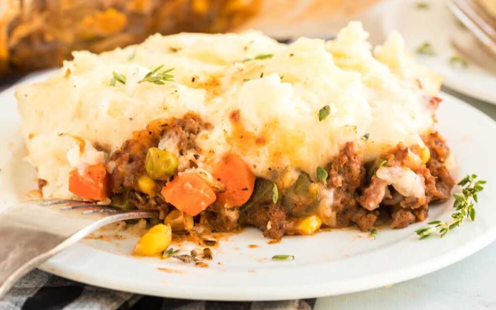 close up shot of a slice of Shepherd's Pie on a plate