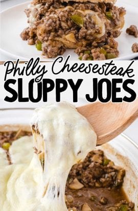 close up shot of philly cheesesteak sloppy joes on buns and philly cheesesteak sloppy joes in a skillet