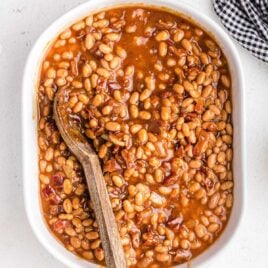 overhead shot of Baked Beans in a baking dish