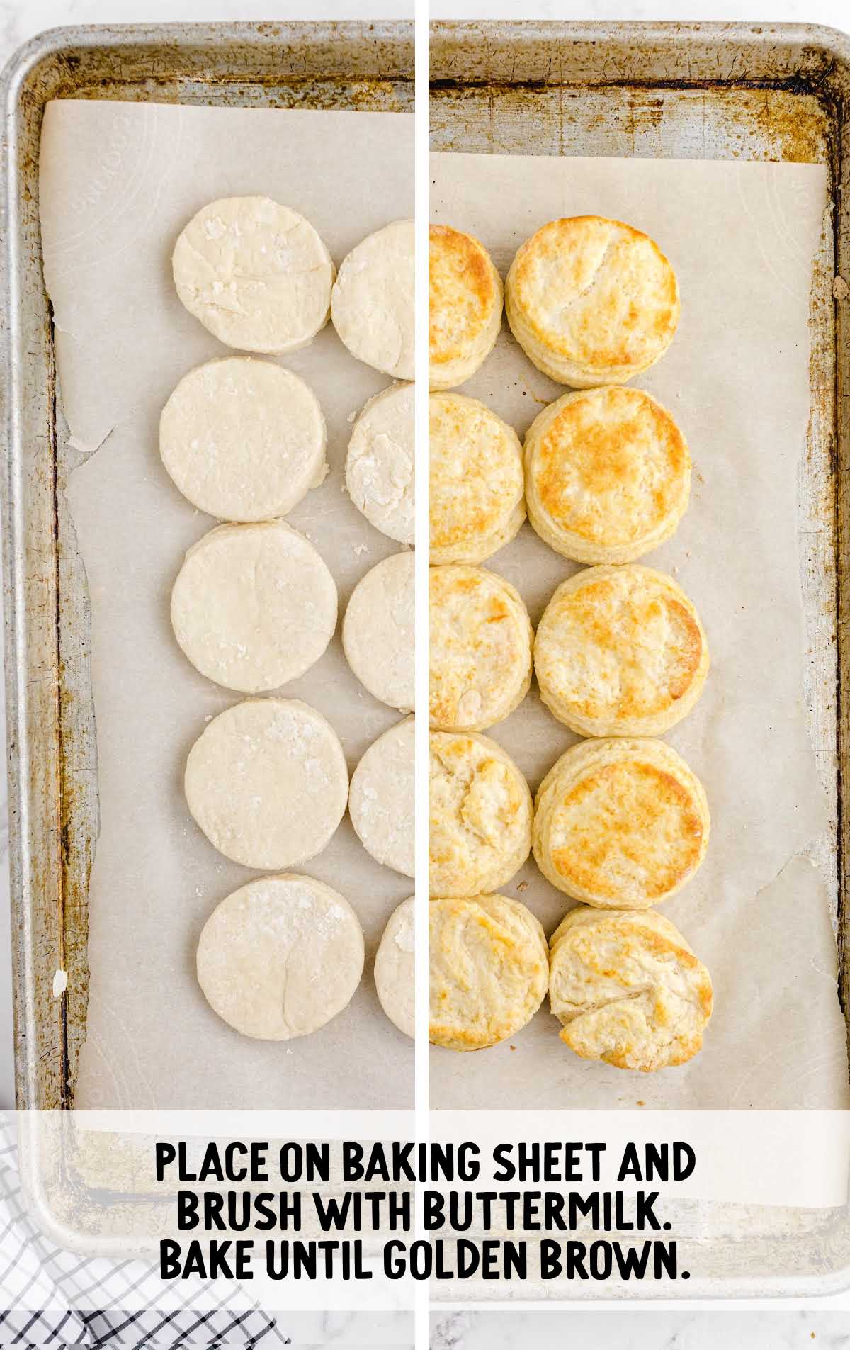 biscuits before and after being baked on a tray