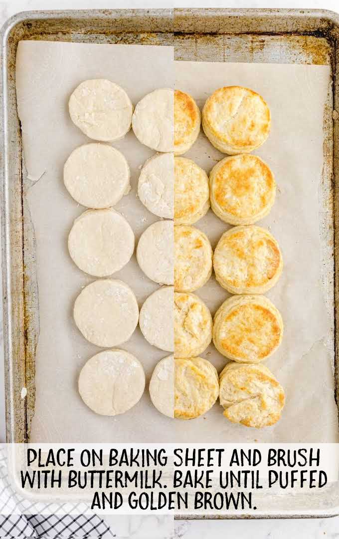 buttermilk biscuits process shot of biscuits before and after being baked on a tray