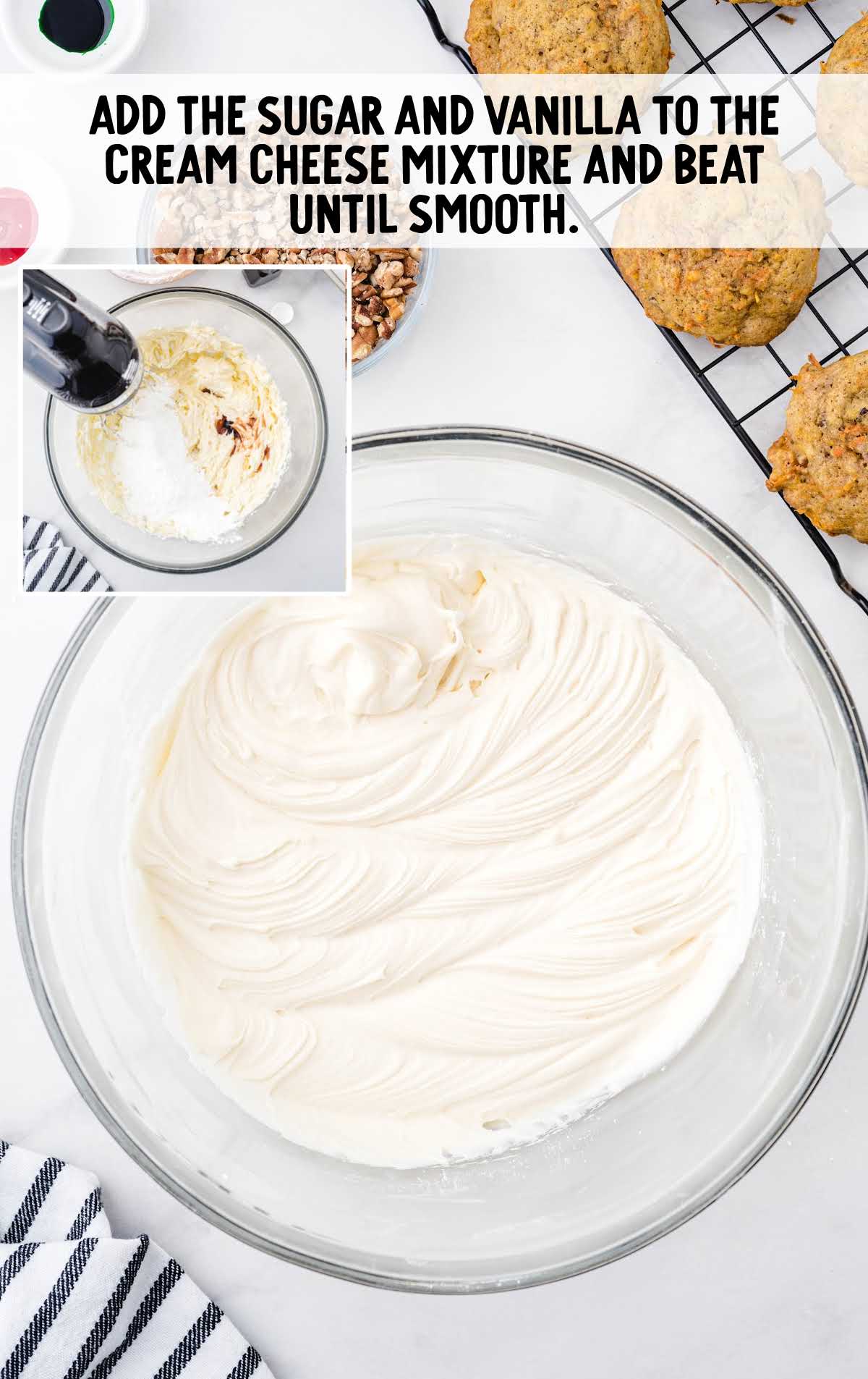 sugar and vanilla added to the cream cheese mixture and being blended together in a bowl