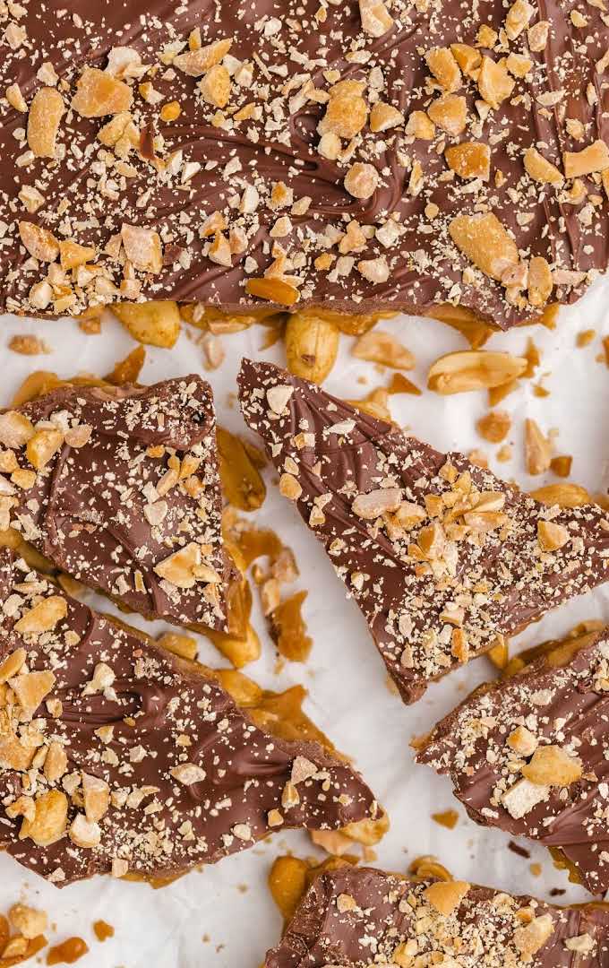 overhead shot of chocolate peanut toffee cut into pieces