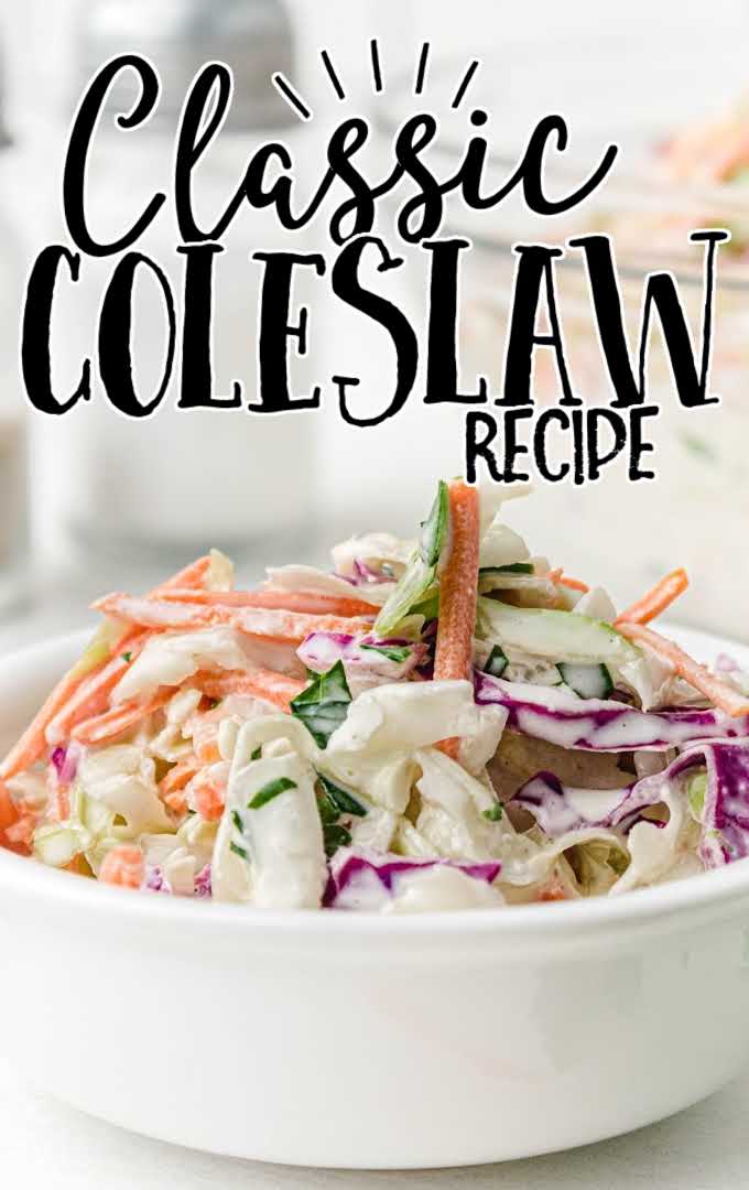 close up shot of classic coleslaw topped with homemade salad dressing in a white bowl
