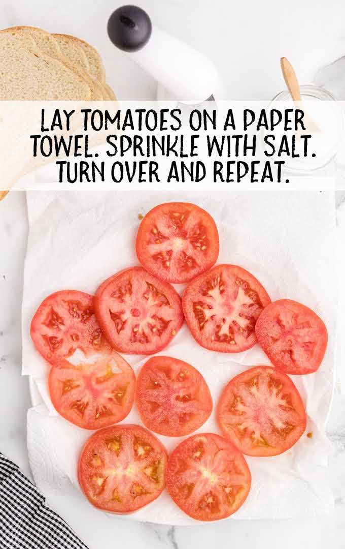 tomato sandwich process shot of tomatoes laid on a paper towel