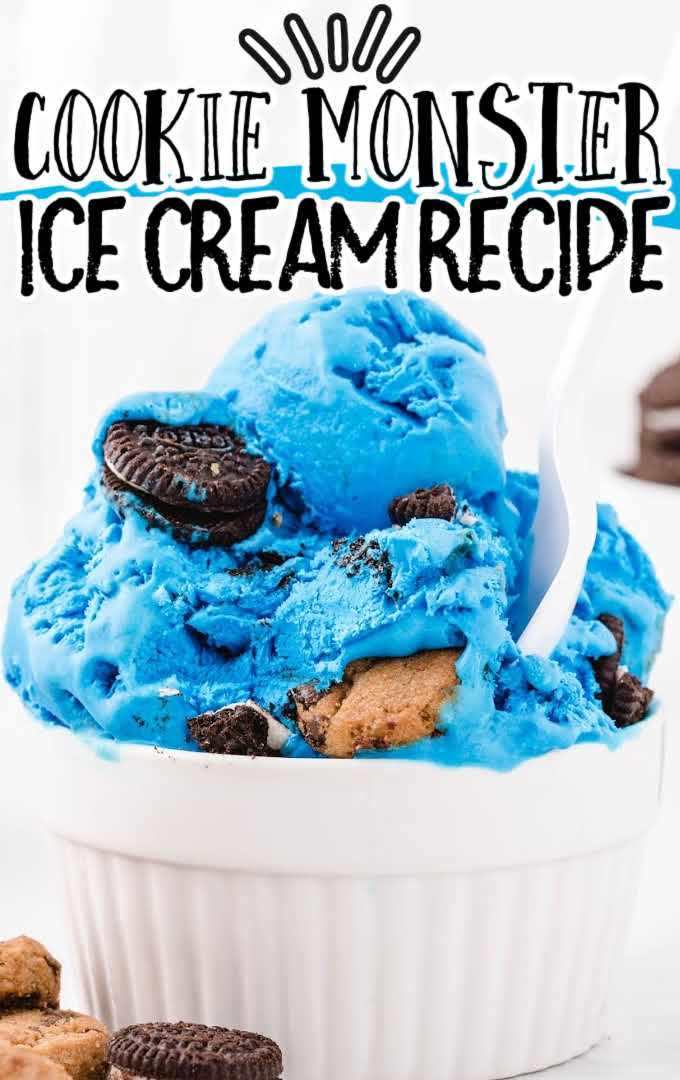 close up shot of scoops of Cookie Monster ice cream in a white bowl