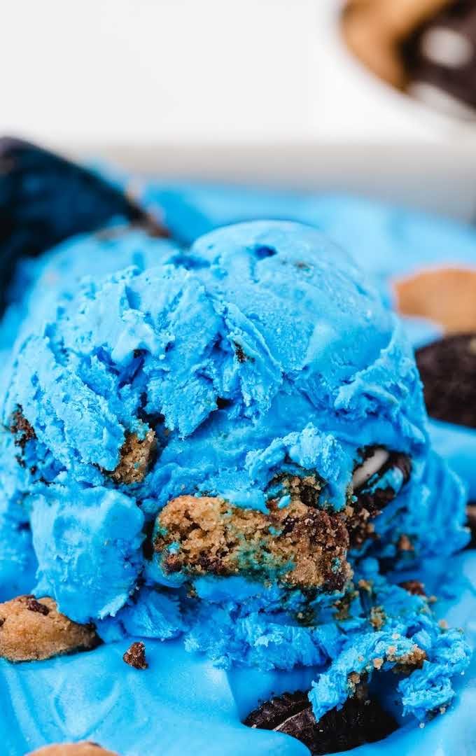 close up shot of scoops of Cookie Monster ice cream