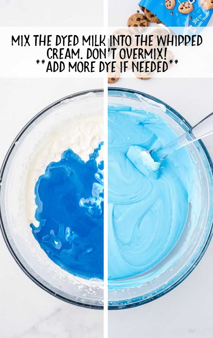 Cookie Monster ice cream process shot of food coloring being added to ingredients in a bowl