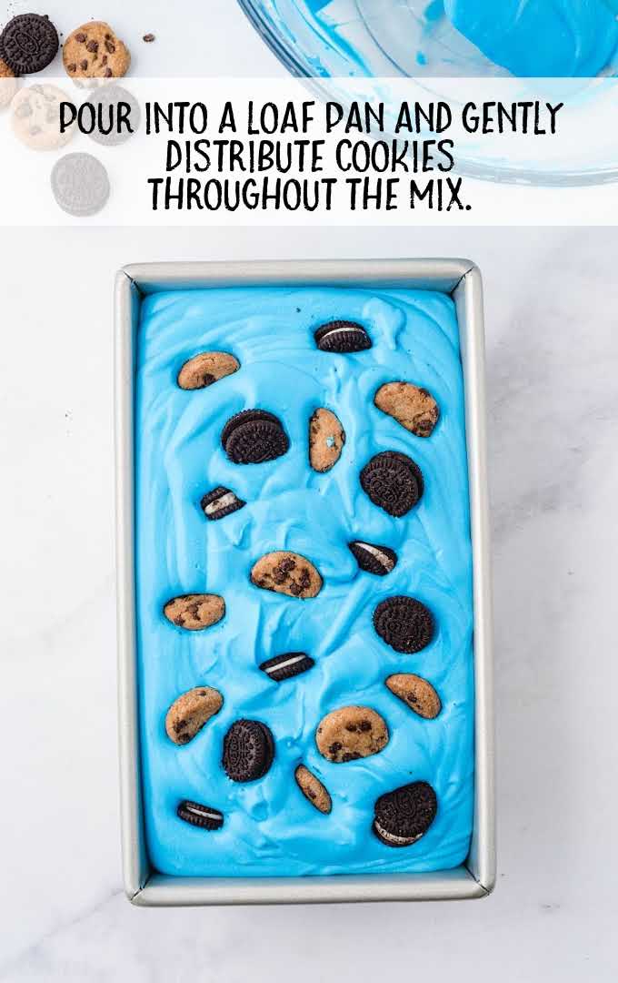 Cookie Monster ice cream process shot of ice cream in a loaf pan being topped with cookies