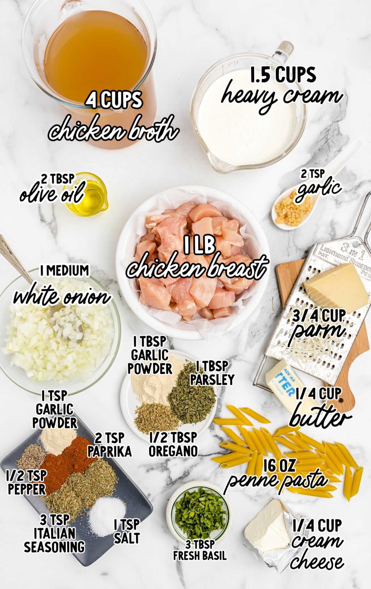 creamy chicken pasta raw ingredients that are labeled