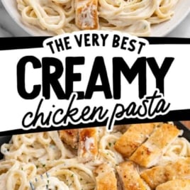 creamy chicken pasta recipe with linguini noodles and seared chicken in garlic parmesan cream sauce