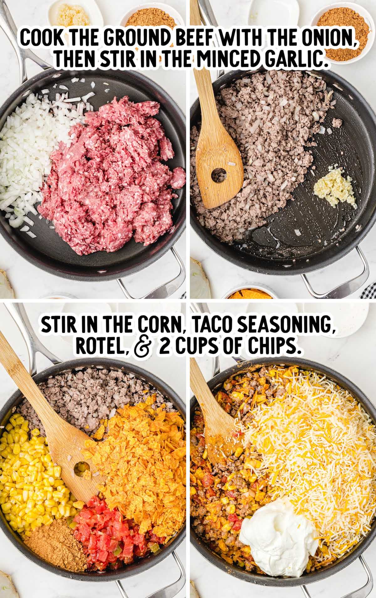Step-by-step collage showing ground beef cooked with onions and garlic, followed by corn, crushed Doritos, taco seasoning, Rotel, cheese, and sour cream being stirred together in a skillet for Dorito casserole.